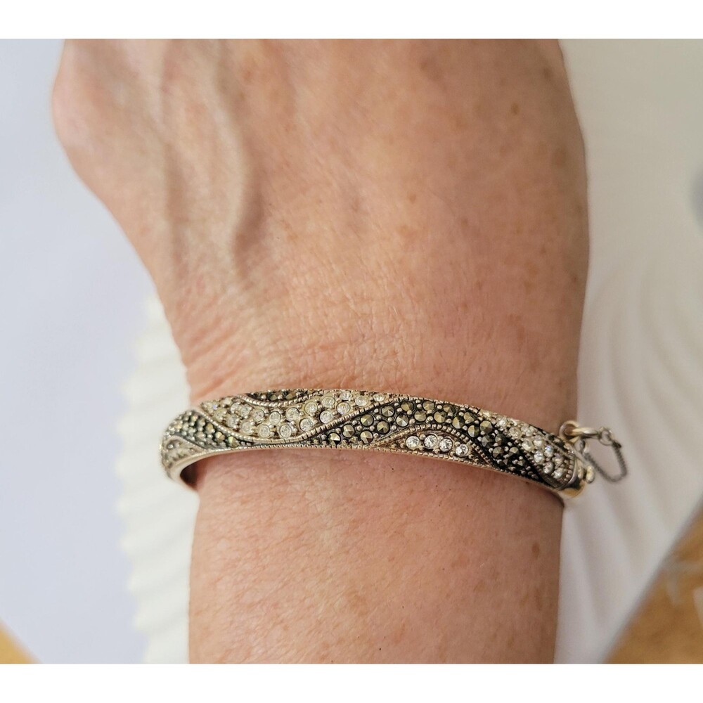Vintage 925 Sterling Silver Marcasite Bangle Bracelet with Safety Chain